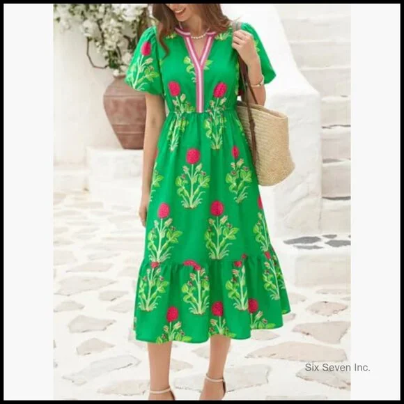Summer Floral Maxi Dress with Puff Sleeves and V-Neck - Picture 6 of 7